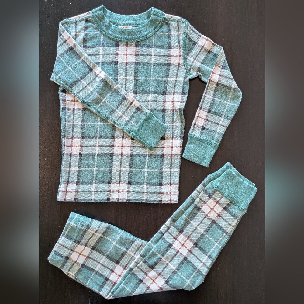 Hanna Andersson 3T Teal Plaid Kids 100% Cotton Long John Pajamas